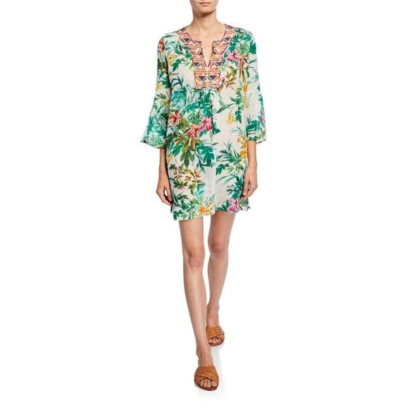 Johnny Was Dress Flare Sleeve Floral XL Green Boho Linen Embroidered JW Workshop - Picture 1 of 7